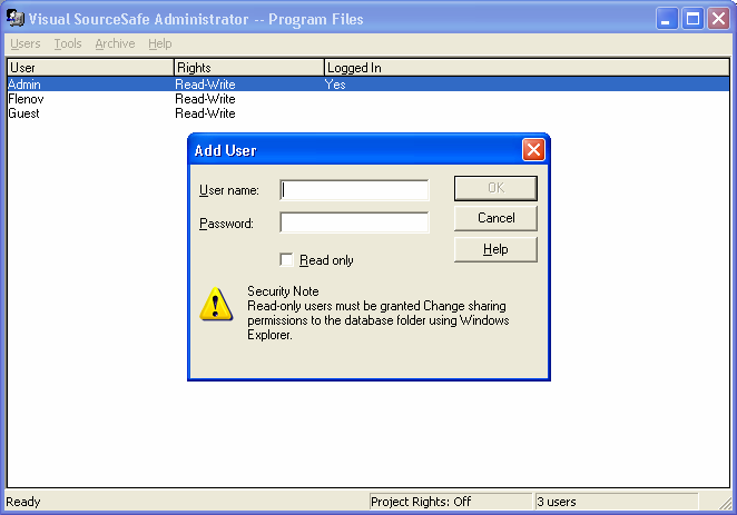 Окно добавления пользователя в Visual SourceSafe